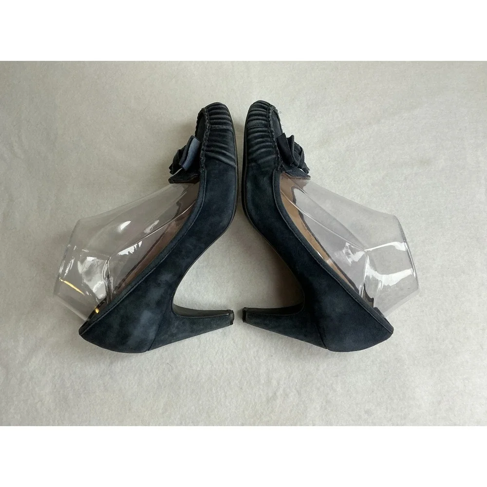 Franco Sarto Womens L-Happy Navy Blue Suede Moccasin Toe Bow Pumps Heels 7M